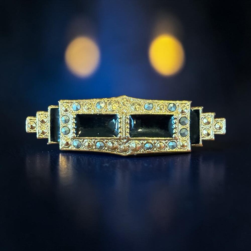 Art Deco Black Glass Marcasite Bar Brooch 1928 Jewelry Co Gold Tone